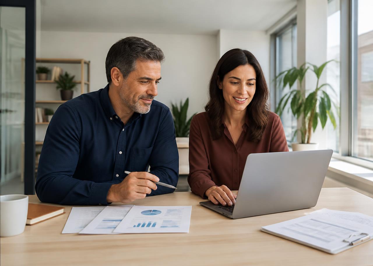 Business owner and advisor reviewing financial results