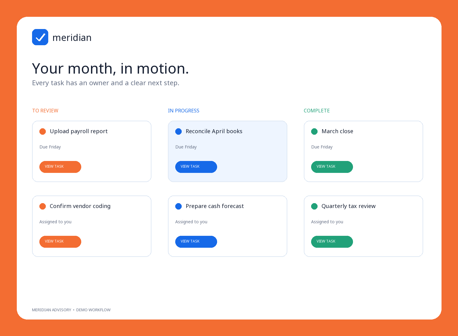 Meridian branded monthly accounting workflow